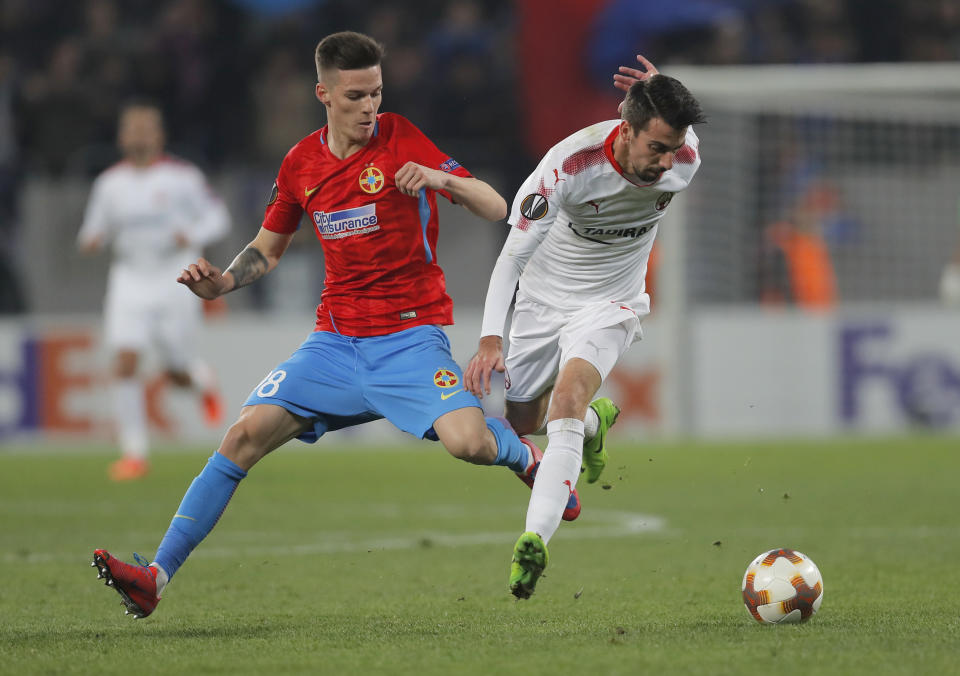 Steaua Bucharest forward Dennis Man (left) is on the radar of Manchester United and Tottenham