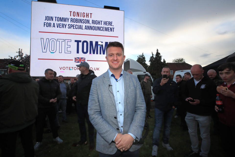 Former English Defence League leader Tommy Robinson at a barbecue and rally in Manchester, he has announced he will stand in the forthcoming European elections.