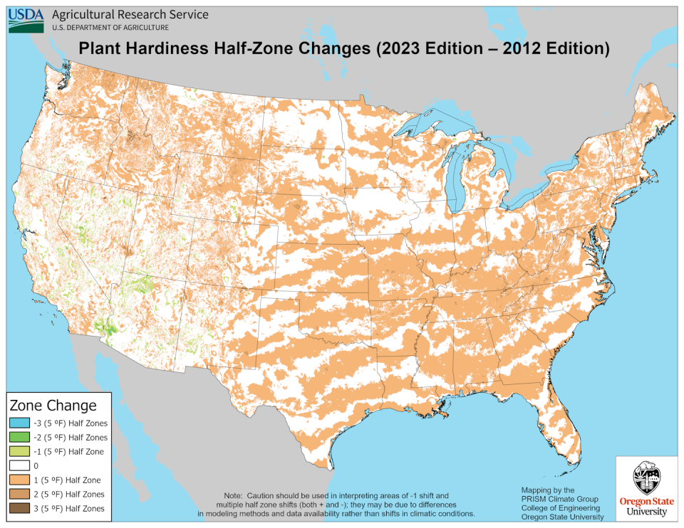 U.S. map showing large areas colored tan, denoting a 5-degree increase in average winter minimum temperatures.