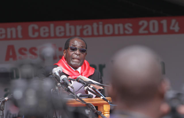 President Robert Mugabe delivers his speech during celebrations to mark his 90th Birthday in Marondera about 100 kilometers east of Harare, Sunday, February, 23, 2014. Mugabe who is Africa's oldest leader has been in power in the Southern African nation since 1980 (AP (AP Photo/Tsvangirayi Mukwazhi)
