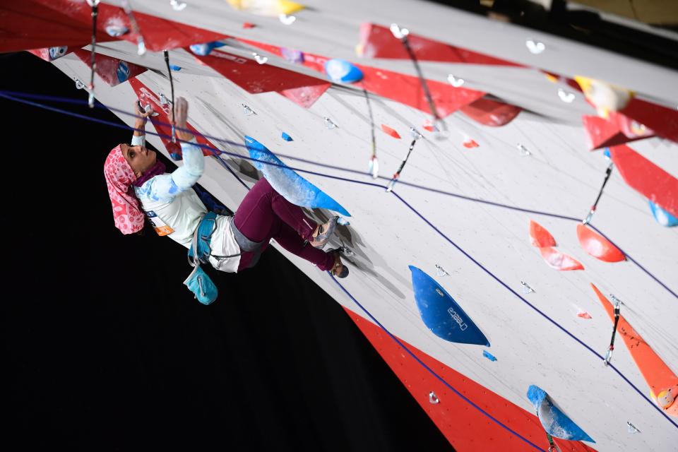 Iran's Elnaz Rekabi competes in the Women's Lead qualification at the indoor World Climbing and Paraclimbing Championships 2016 at the Accor Hotels Arena in Paris on September 14, 2016. / AFP / MIGUEL MEDINA        (Photo credit should read MIGUEL MEDINA/AFP via Getty Images)