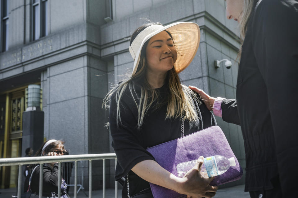 Rachel Pharn, 26, speaks with media outside Manhattan federal court, after making an impact statement at the sentencing of convicted Islamic terrorist Sayfullo Saipov, Wednesday May 17, 2023, in New York. Saipov, 35, carried out an attack on Halloween in 2017 when he ran his rented truck onto a bike path in lower Manhattan killing eight people and injuring eighteen, including Pharn. (AP Photo/Bebeto Matthews)