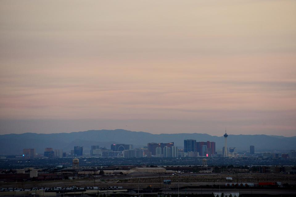 General view of the Las Vegas skyline at dusk during the South Point 400 at Las Vegas Motor Speedway.