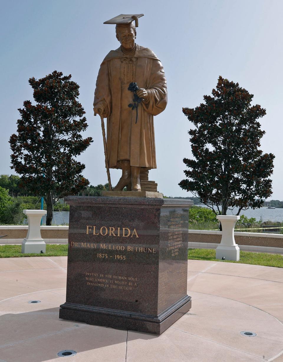 A new bronze statue of Dr. Mary McLeod Bethune was placed Wednesday morning into the plaza at Daytona Beach's Riverfront Esplanade that was created and named in Bethune's honor. The official unveiling ceremony for the new statue overlooking Beach Street will be held at 9 a.m. Aug. 18.