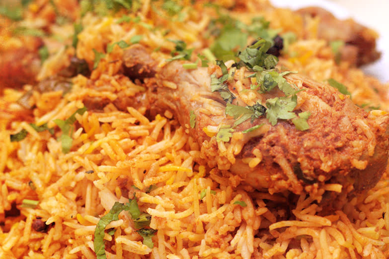Chicken biryani, with fluffy basmati rice grains and lots of flavour.