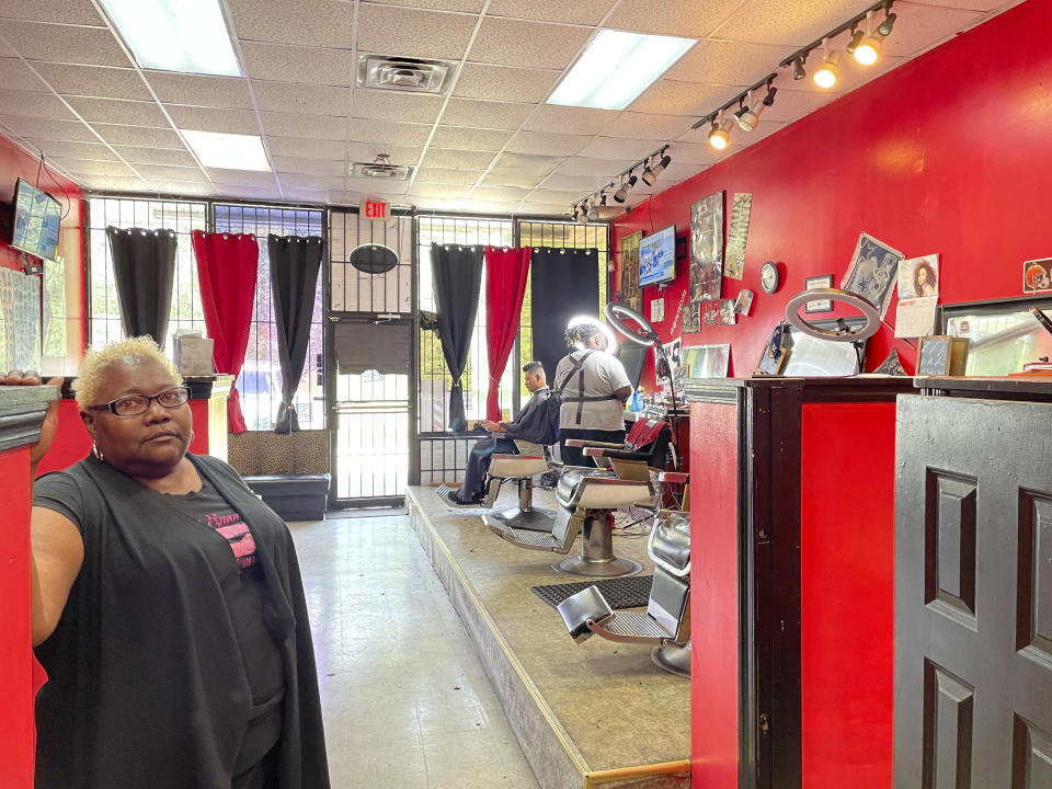 Bobbie Fairley, owner of Magic Hand's Hair Design in Jackson, Miss, had to cancel five appointments on Wednesday, Aug, 31, 2022, after she realized the barbershop did not have running water. She's not sure how long she can afford to keep canceling appointments. (AP Photo/Michael Goldberg)