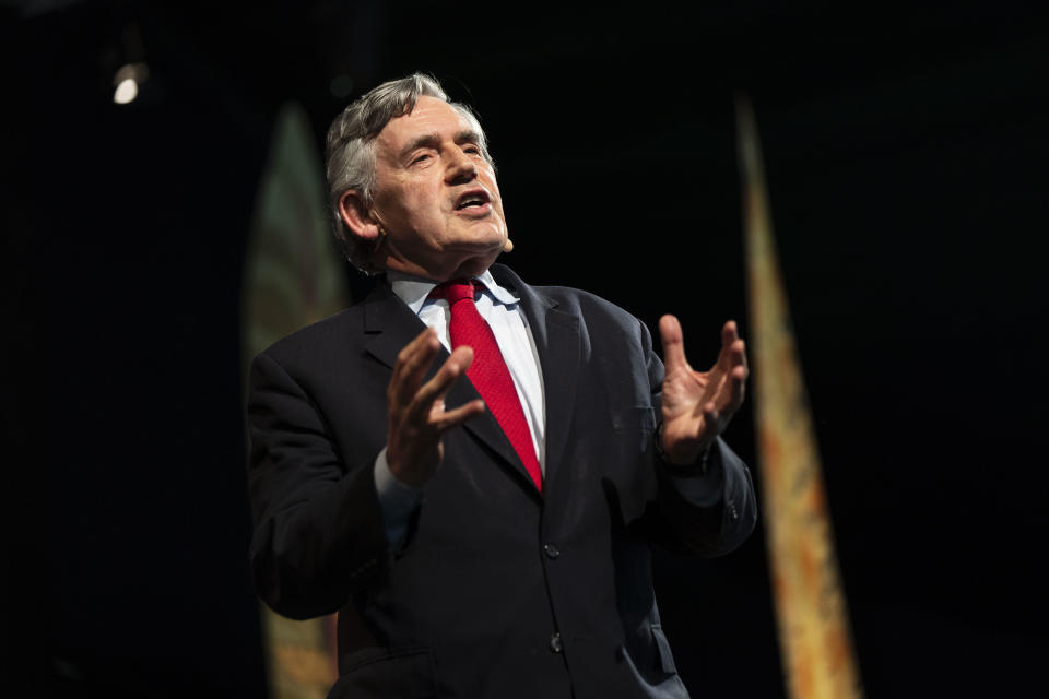 Gordon Brown, former British Prime Minister, speaks at the literary Hay Festival, June 3, 2018, in Hay-on-Wye, Wales. / Credit: David Levenson/Getty