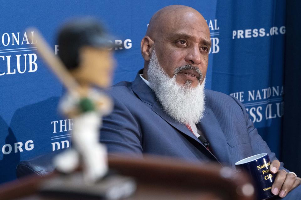 FILE - Executive Director of the Major League Baseball Players Association Tony Clark speaks during a news conference at the Press Club in Washington, Sept. 7, 2022. A handful of free-spending owners in Major League Baseball have made some of the game’s other owners a little nervous. Clark does not mind that development one bit. The players' union head said “baseball is doing well” Saturday, Feb. 25, 2023, at the union's new facility in Scottsdale, Ariz. (AP Photo/Jose Luis Magana, File)