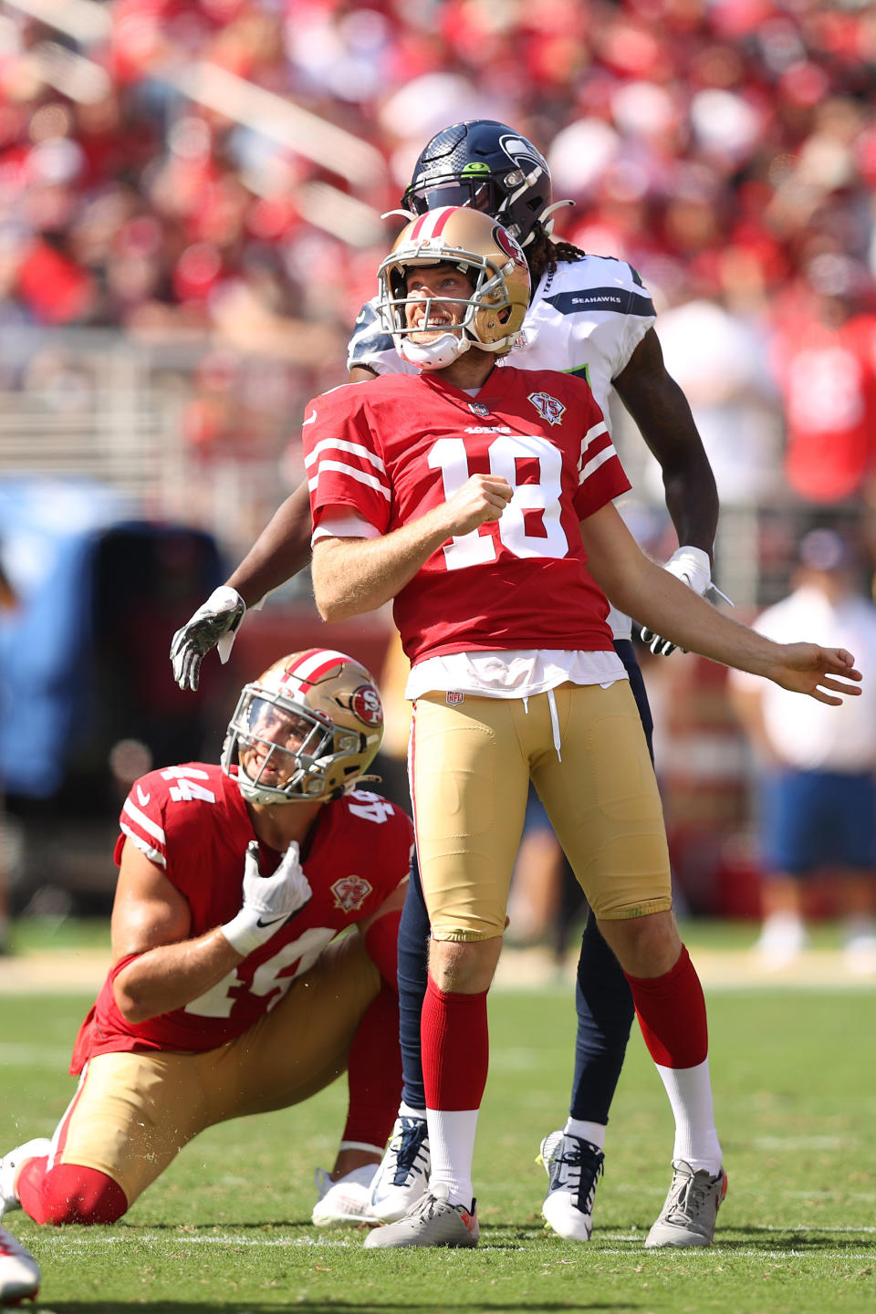 Mitch Wishnowsky (pictured) misses a field goal attempt during the second quarter against the Seattle Seahawks at Levi's Stadium on October 03, 2021 in Santa Clara, California.