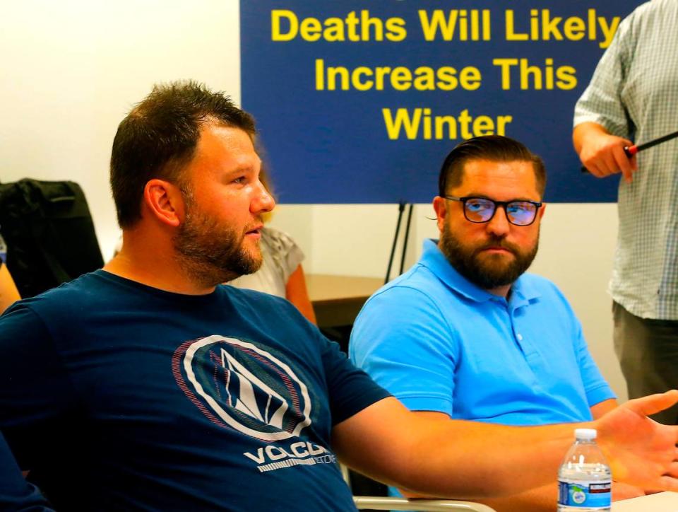 Drug court graduate Shaun Lettrick, left, speaks at the roundtable discussion about the fentanyl crisis held by Sen. Maria Cantwell in Kennewick. Cameron Fordmeir, board member of the Benton Franklin Recovery Coalition, sits to his right during Lettrick’s presentation.