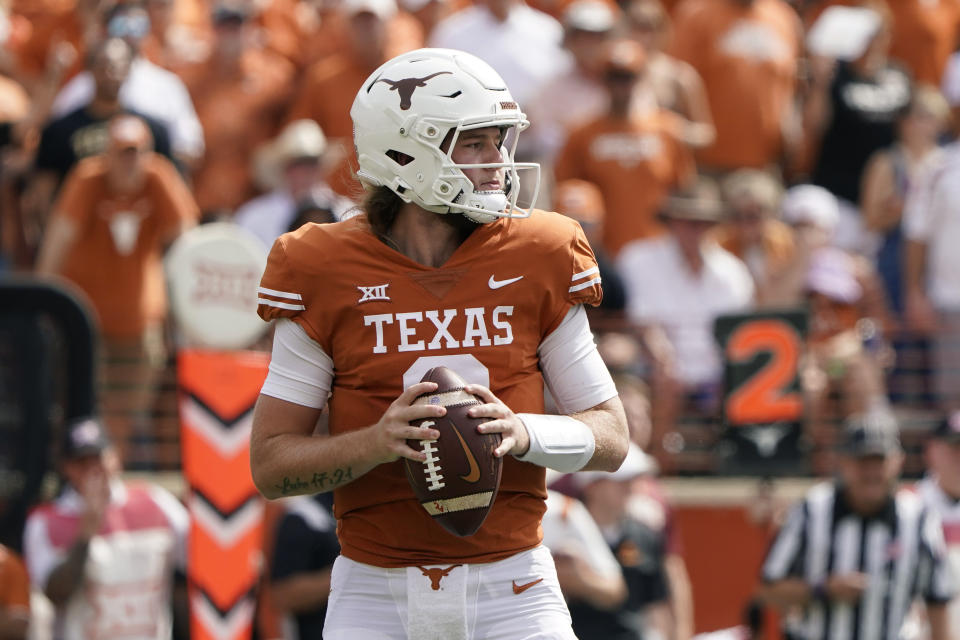 Texas quarterback Quinn Ewers (3) during the second half of an NCAA college football game against Iowa State, Monday, Oct. 17, 2022, in Austin, Texas. (AP Photo/Eric Gay)