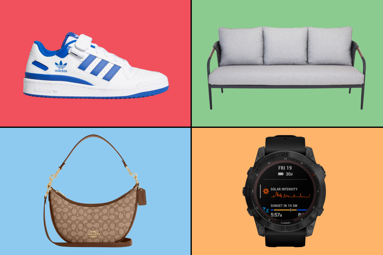 white and blue adidas shoe, grey outdoor couch, coach outlet shoulder bag, garmin fitness watch, Best Fourth of July sales you can shop in Canada (Photos via Adidas, Canadian Tire, Coach Outlet & Best Buy Canada).