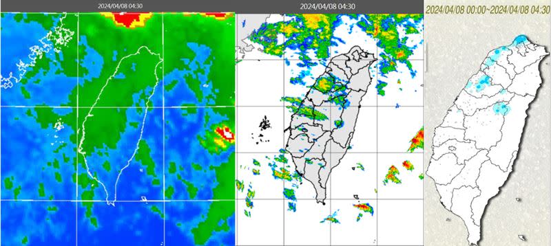 圖：今(8日)晨4：30紅外線色調強化雲圖顯示，台灣上空有鬆散的雲層通過(左圖)；4：30雷達回波合成圖顯示，伴隨零星降水回波(中圖)；4：30累積雨量圖顯示，各地有局部少量降雨(右圖)。