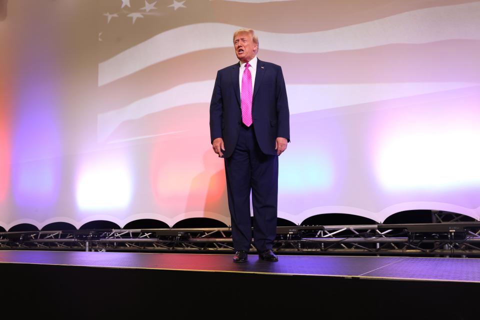 Former U.S. President Donald Trump is introduced at the Oakland County Republican Party's Lincoln Day dinner at Suburban Collection Showplace on June 25, 2023 in Novi, Michigan. (Getty Images)