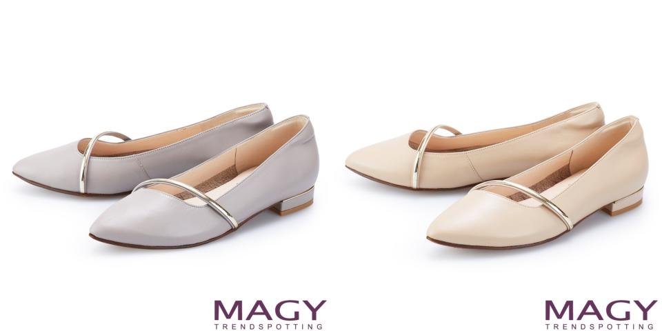 早春必收鞋包推薦��MAGY 金屬飾條裝飾真皮尖頭平底鞋。圖片來源：Yahoo奇摩購物中心