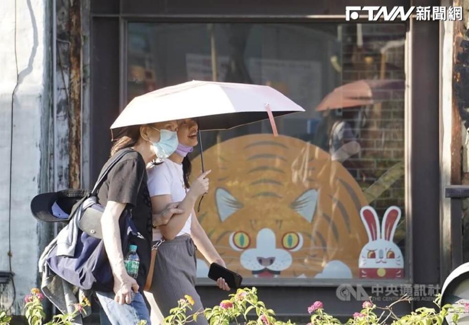 彰化至台南5縣市大雨特報，圖為高雄大港橋附近民眾撐傘遮陽。（圖／中央社檔案照片）