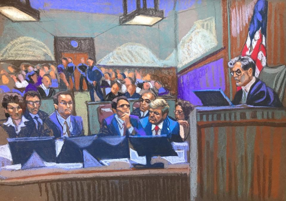 An evocative overview of the scene inside Juan Merchan’s courtroom, with Donald Trump and his defence attorneys assembled on the front bench (Christine Cornell/Reuters)