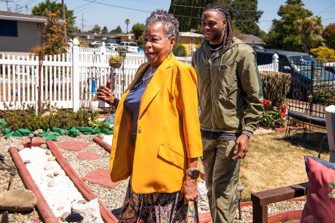 Las Vegas Raiders All-Pro wide receiver Davante Adams trades his football for a sledgehammer as he gifts his grandmother, Bettie, who helped raise him, a modern upgrade to her East Palo Alto, Calif., home where he grew up.