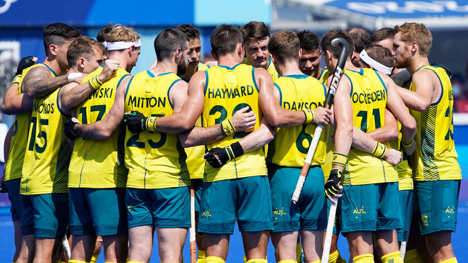 The Kookaburras team are seen here in a huddle before a match at the Olympic Games in Tokyo. Pic: Getty