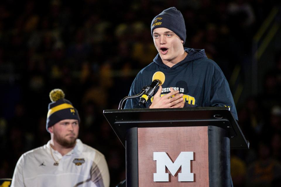 Michigan quarterback J.J. McCarthy speaks during the national championship celebration at Crisler Center in Ann Arbor on Saturday, Jan. 13, 2024.