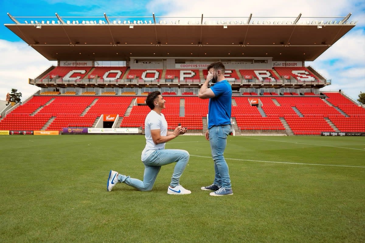 Australian footballer Josh Cavallo, openly gay player, propose to his partner on pitch of Adelaide United’s Coopers Stadium (@JoshuaCavall)