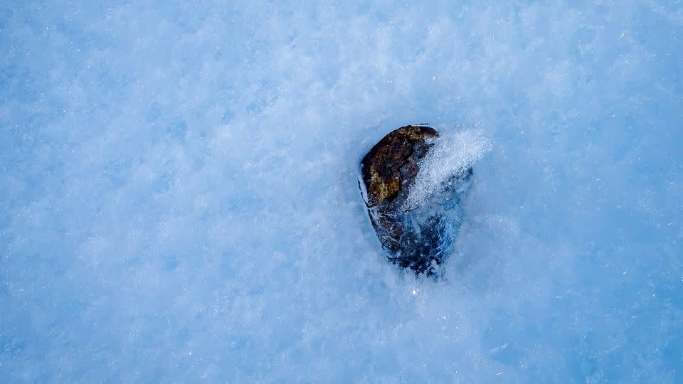 A meteorite lies partially in the ice in contrast with most samples collected while on the surface. - Katherine Joy/University of Manchester/The Lost Meteorites of Antarctica project