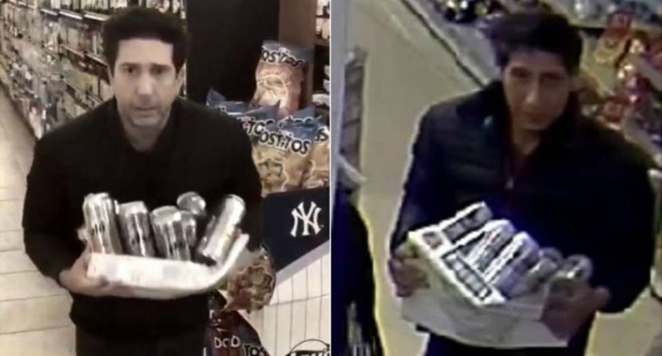 Friends star David Schwimmer (left) reenacted the alleged robbery after CCTV vision shared by Lancashire Police went viral. Images: Twitter/David Schwimmer & Lancashire Police