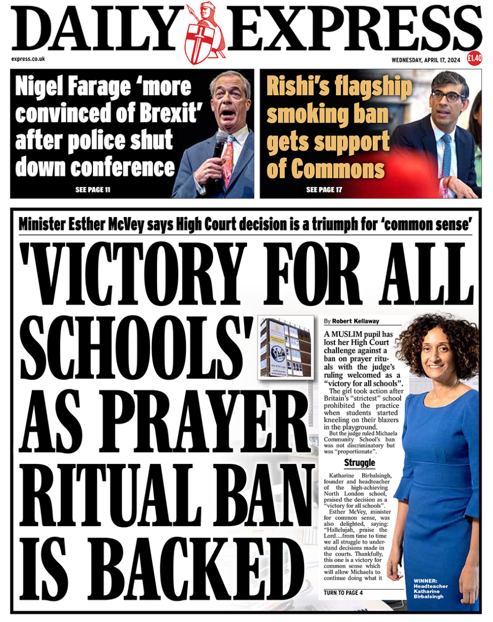 The headline in the Express reads: "'Victory for all schools' as prayer ritual ban is backed".