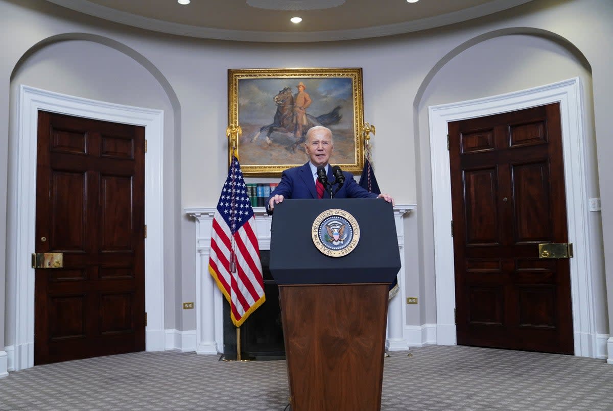 US president Joe Biden speaks about the ongoing student protests at US universities amid the ongoing conflict between Israel and Hamas, during brief remarks in the Roosevelt Room at the White House on 2 May (Reuters/Nathan Howard)