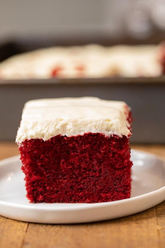 <p>Dinner Then Dessert</p><p>Moist and tender old fashioned red velvet cake with cream cheese frosting, all made from scratch on a sheet pan. </p><p><strong>Get the recipe: </strong><a href="https://dinnerthendessert.com/red-velvet-sheet-cake/" rel="nofollow noopener" target="_blank" data-ylk="slk:Red Velvet Sheet Cake;elm:context_link;itc:0;sec:content-canvas" class="link "><strong>Red Velvet Sheet Cake</strong></a></p>