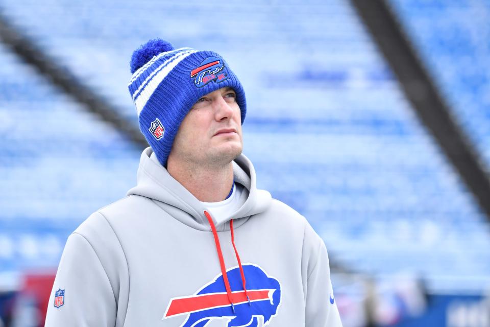 Bills offensive coordinator Ken Dorsey looks on before a wild card game against the Dolphins on Jan. 15, 2023, in Orchard Park, New York.