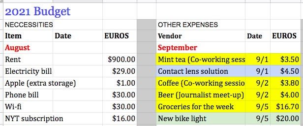 The author's Excel sheet, where she tracks her budget