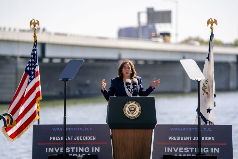 Vice President Kamala Harris speaks at an Investing in America event in Washington on April 13, highlighting $72 million allocated to upgrade a section of a nearby 73-year-old bridge that handles more than 88,000 vehicles a day. File Photo by Shawn Thew/UPI