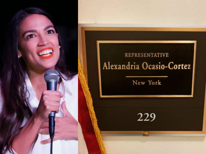 Alexandria Ocasio-Cortez is being mocked after celebrating her new office plaque on Instagram. (Photo: Getty Images/Twitter)