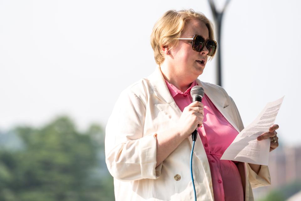 Mazie Stilwell, Planned Parenthood North Central States director of public affairs, speaks during a celebration rally at the Des Moines Biergarten at Water Works Park on Friday.