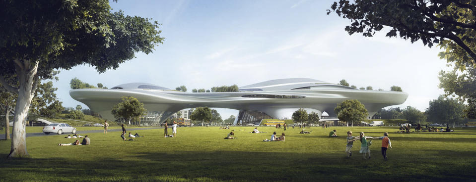 This concept design provided by the Lucas Museum of Narrative Art shows a rendering of their proposed museum in Exposition Park in Los Angeles. In January George Lucas, the legendary filmmaker, is expected to decide whether he will put a museum for his extensive personal art collection in San Francisco or Los Angeles, after other attempts were upended by community opposition. (Lucas Museum of Narrative Art via AP)