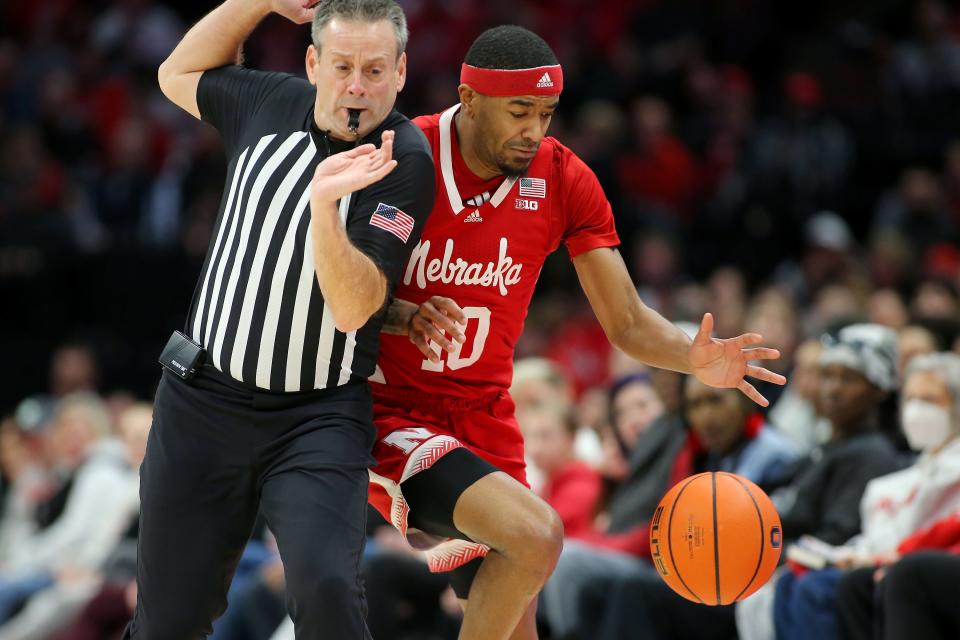 Feb. 29: Nebraska's Jamarques Lawrence (10) plays for the ball and collides with the referee during the first half against Ohio State at Value City Arena.