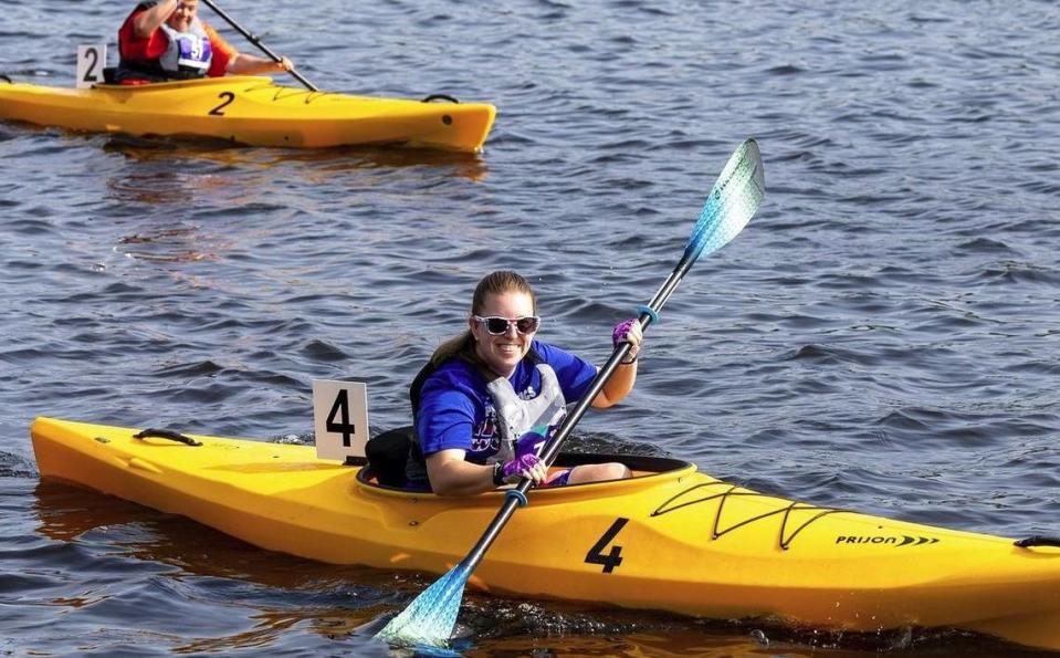 Charlotte Lewis kayaking at the Special Olympics World Games in Germany.