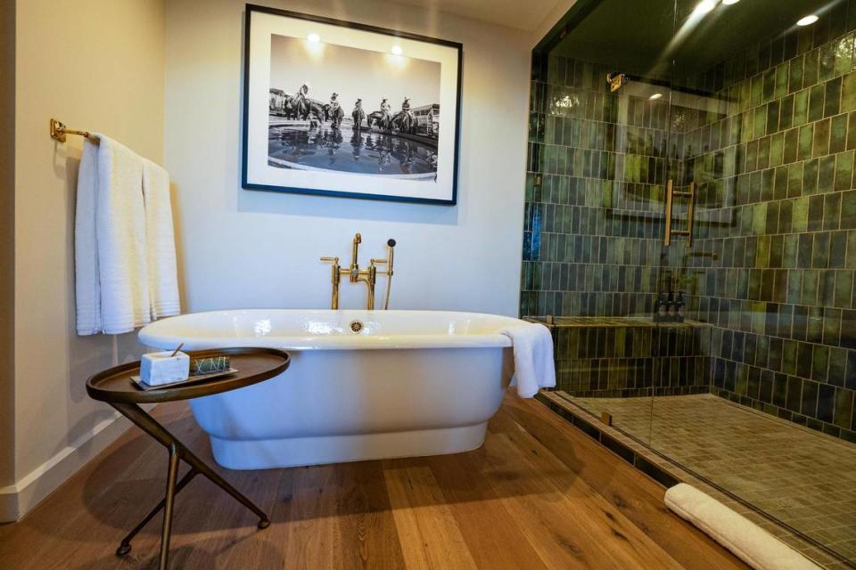 The bathroom in one of the suites on the fourth floor at the new Bowie House hotel in Fort Worth on Tuesday, Nov. 28, 2023. Chris Torres/ctorres@star-telegram.com