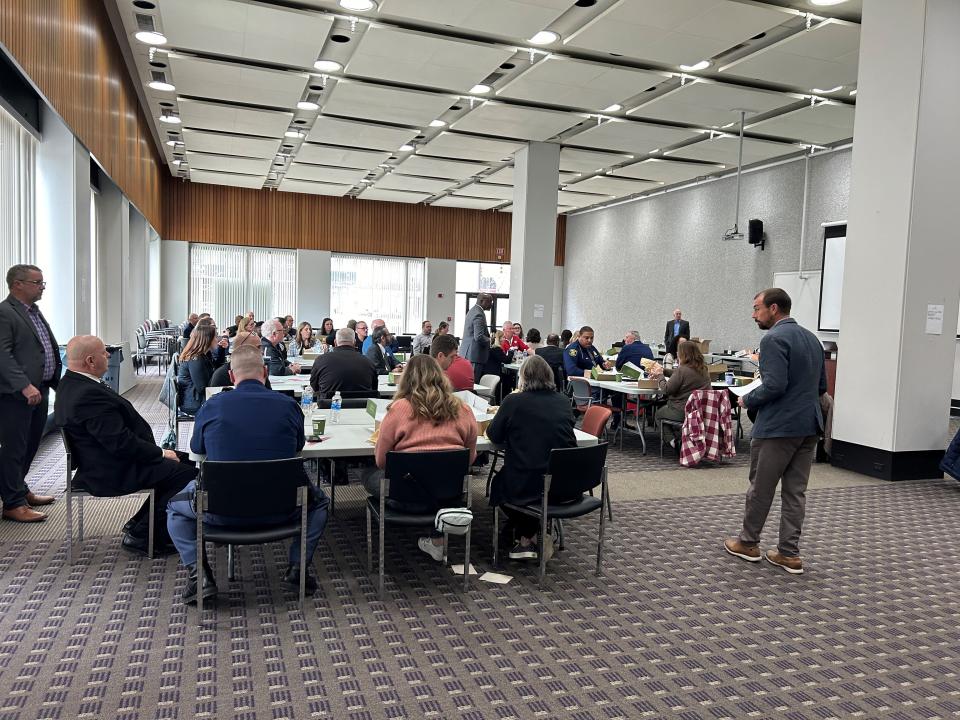 Michigan election officials and law enforcement convene in Cadillac Place in Detroit April 3, 2024 for an election security planning session hosted by the Committee for Safe and Secure Elections.