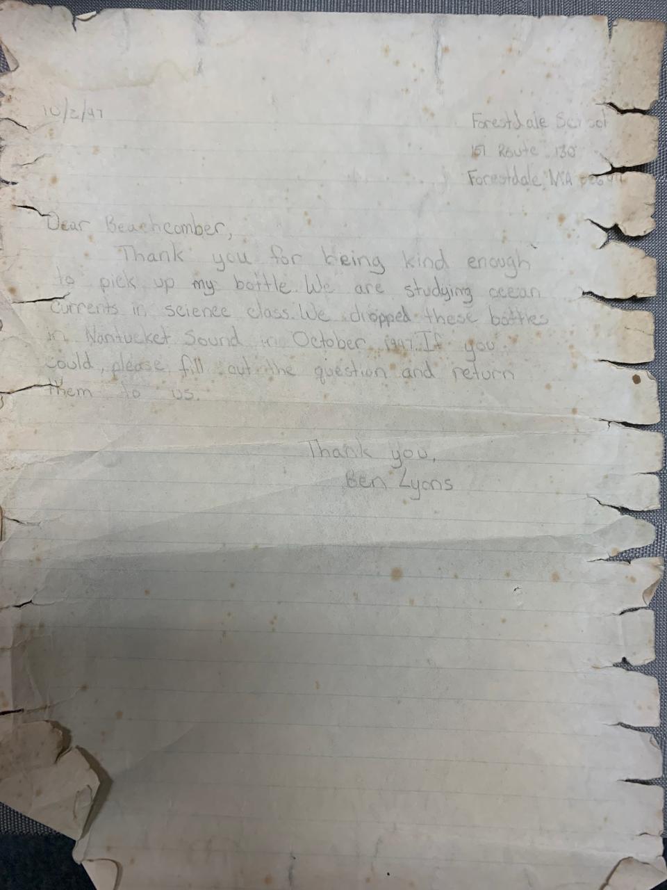 It was 1997 when Ben Lyons, a student in Frederic Hemmila's class at the Forestdale School, penciled a note that began, "Dear Beachcomber, Thank you for being kind enough to pick up my bottle."
