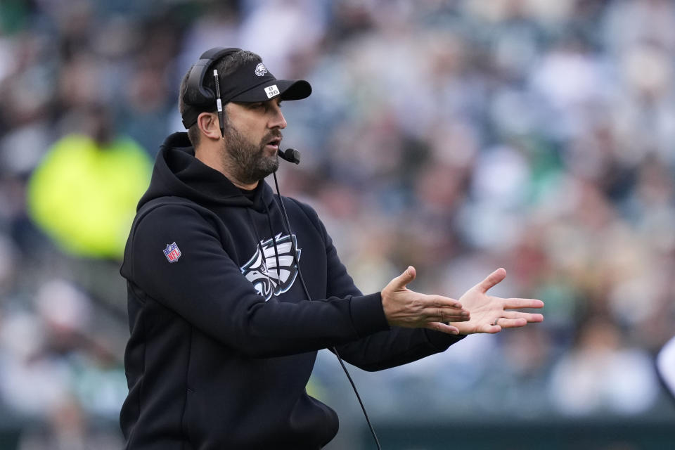 Philadelphia Eagles head coach Nick Sirianni calls out from the sideline in the first half of an NFL football game against the New Orleans Saints in Philadelphia, Sunday, Jan. 1, 2023. (AP Photo/Matt Slocum)