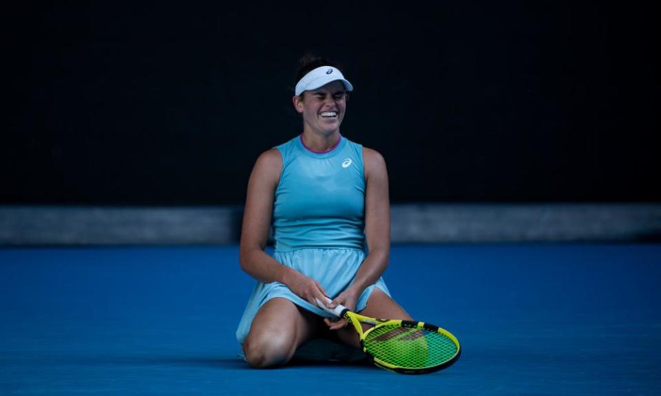 Jennifer Brady celebrates her semi-final victory over Karolina Muchova which set up Saturday’s final meeting with Naomi Osaka.