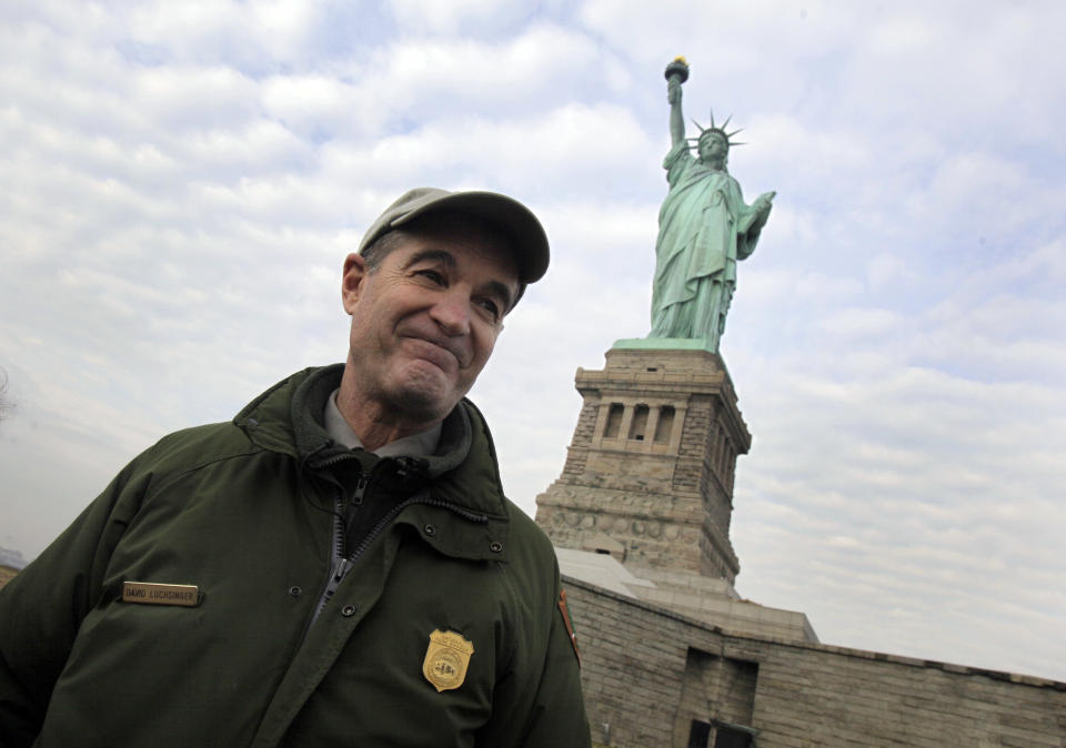 David Luchsinger, superintendent of Statue of Liberty National Monument, and last resident of Liberty Island, poses for a photo during a tour of the venue, in New York, Friday, Nov. 30, 2012. Tourists in New York will miss out for a while on one of the hallmarks of a visit to New York, seeing the Statue of Liberty up close. Though the statue itself survived Superstorm Sandy intact, damage to buildings and Liberty Island's power and heating systems means the island will remain closed for now, and authorities don't have an estimate on when it will reopen. (AP Photo/Richard Drew)