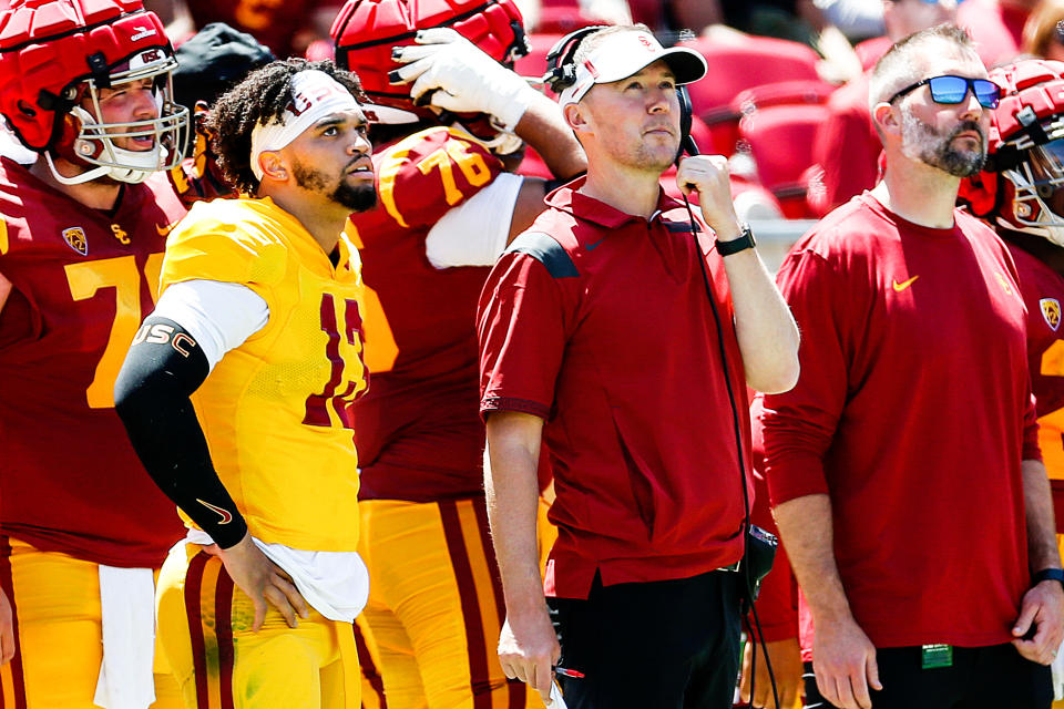 LOS ANGELES, CA - APRIL 23: Caleb Williams (13), USC quarterback, and head coach Lincoln Riley, in the USC Football Spring Game at the Los Angeles Memorial Coliseum on Saturday, April 23, 2022 in Los Angeles, CA. (Gary Coronado / Los Angeles Times via Getty Images)