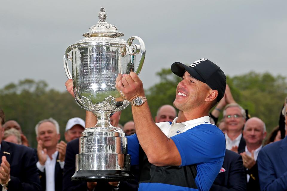 Brooks Koepka celebrates with the Wanamaker trophy after winning the 2019 PGA Championship at Bethpage State Park in New York. Peter Casey/USA Today