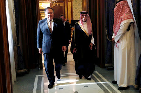 U.S. Secretary of State Mike Pompeo walks with Saudi Foreign Minister Adel al-Jubeir in Riyadh, Saudi Arabia, October 16, 2018. REUTERS/Leah Millis