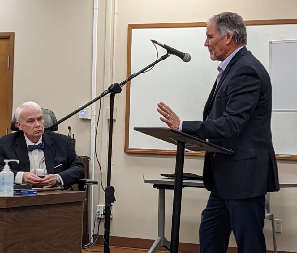 Gary Patterson, right, a former superintendent and consultant, speaks to Wichita Falls ISD School Board members during a meeting Monday, April 4, 2022, at the Education Center. Dale Harvey, left, Place 2 trustee listens.