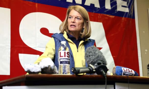 PHOTO: U.S. Sen. Lisa Murkowski holds a news conference at her campaign headquarters on election day, Nov. 8, 2022, in Anchorage, Alaska.  (Spencer Platt/Getty Images)