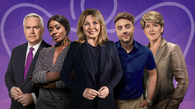 Huw Edwards, AJ Odudu, Kirsty Young, Roman Kemp and Clare Balding feature in the BBC's Platinum Jubilee coverage. (BBC)
